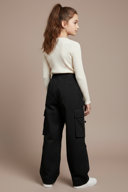 Pantalon Noir Cargo Ample Fille Décontracté - Toile - vue 2