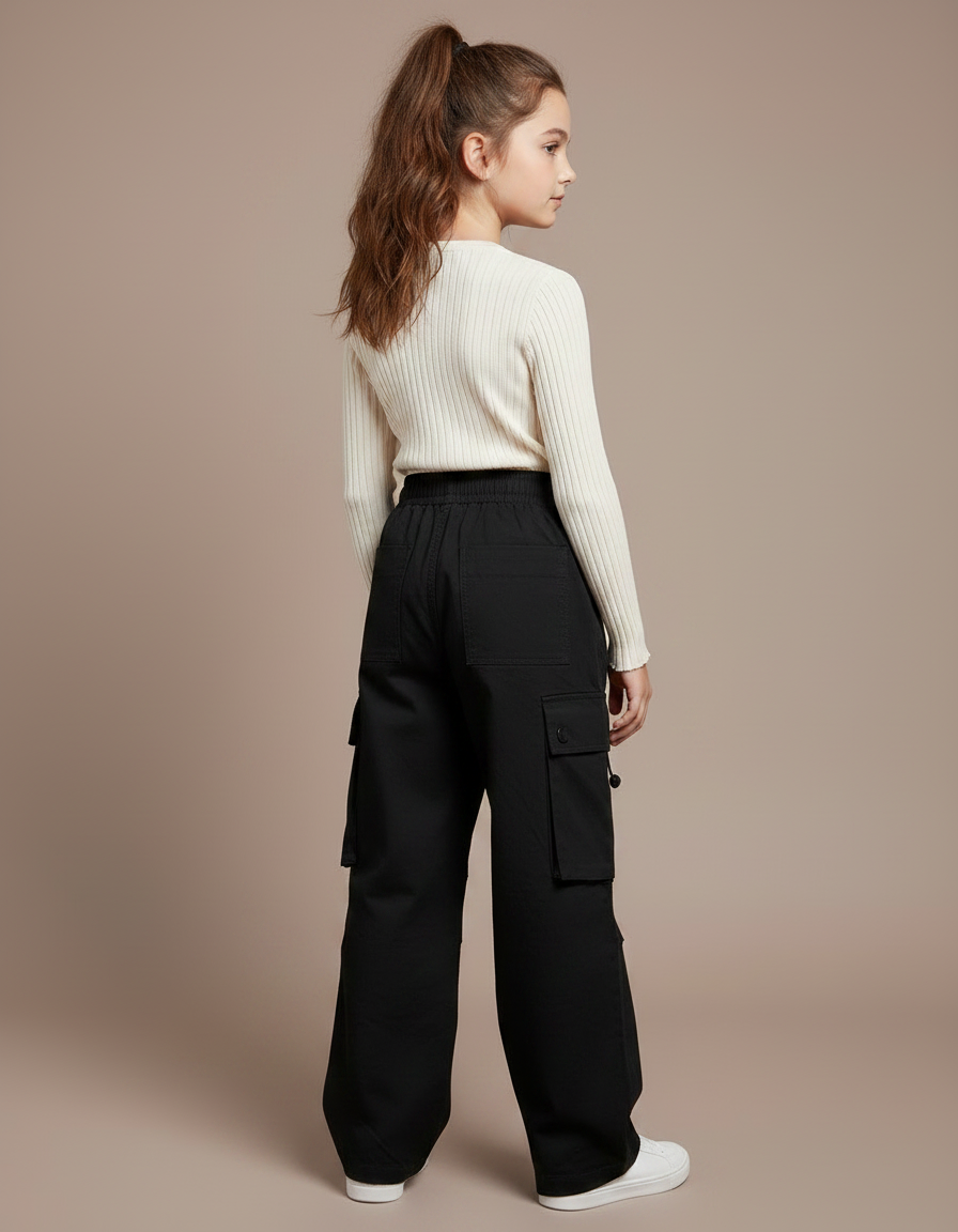Pantalon Noir Cargo Ample Fille Décontracté - Toile - vue 2
