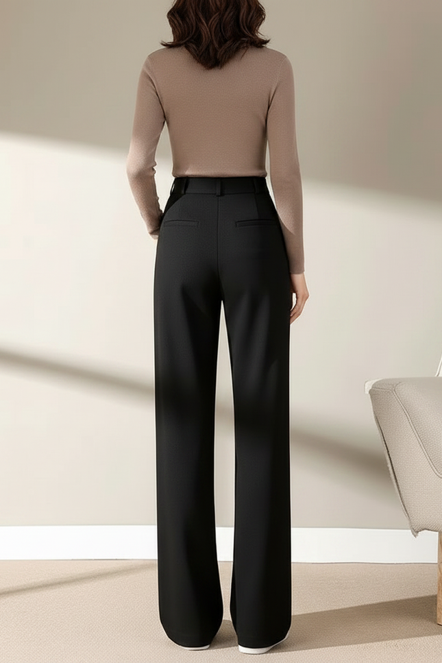 Pantalon Noir Laine Ample Taille Haute Droit Élégant - vue 2