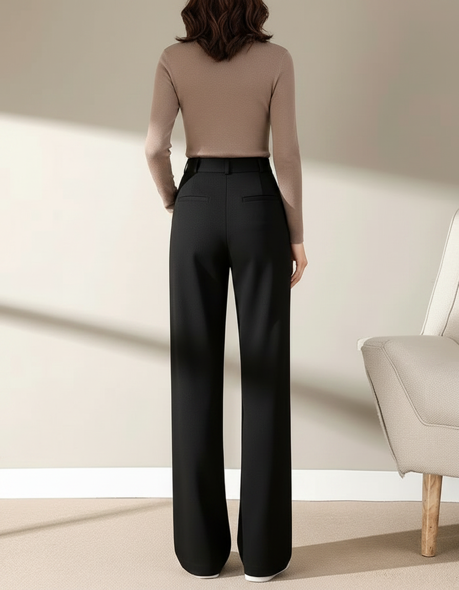 Pantalon Noir Laine Ample Taille Haute Droit Élégant - vue 2