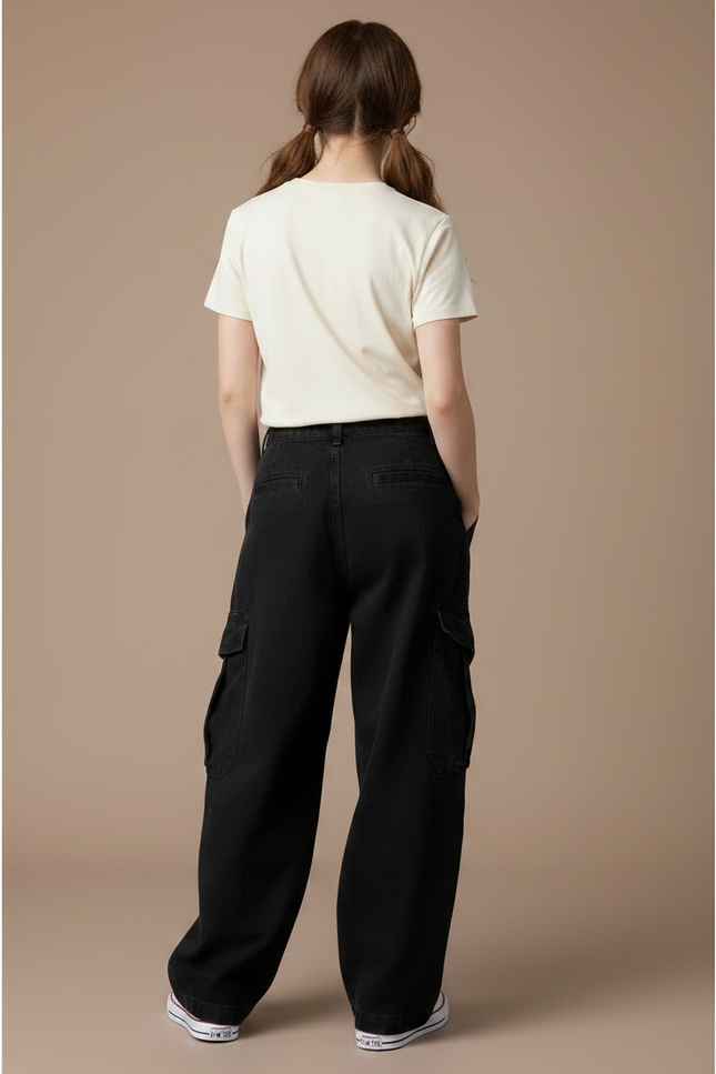 Pantalon Noir Cargo Ample Femme Taille Haute - Toile - vue 2