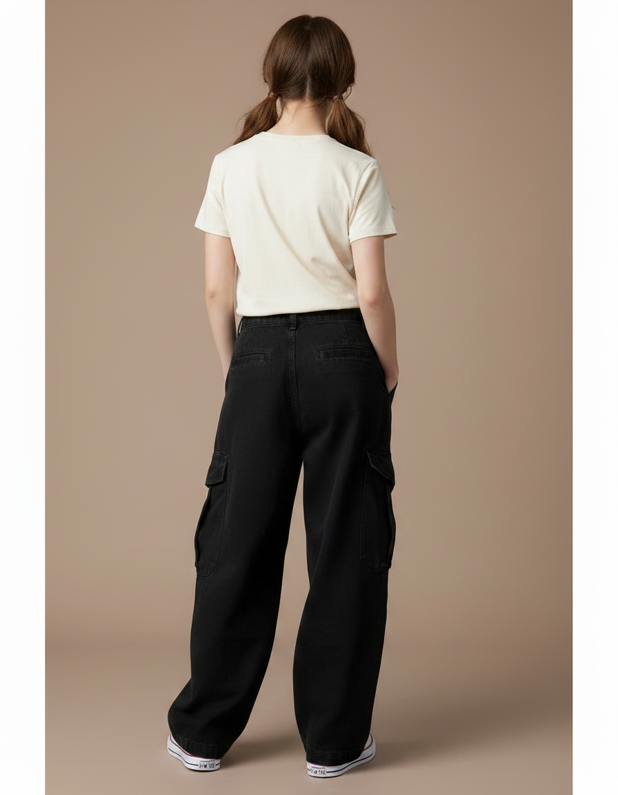 Pantalon Noir Cargo Ample Femme Taille Haute - Toile - vue 2