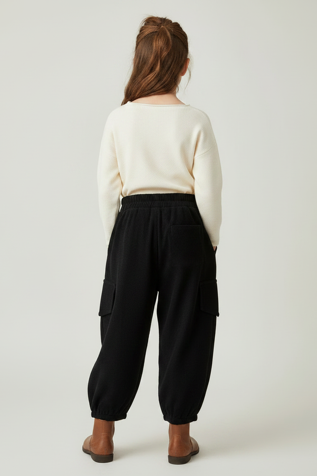 Pantalon Noir Côtelé Ample Cargo Enfant - Cordé - vue 2
