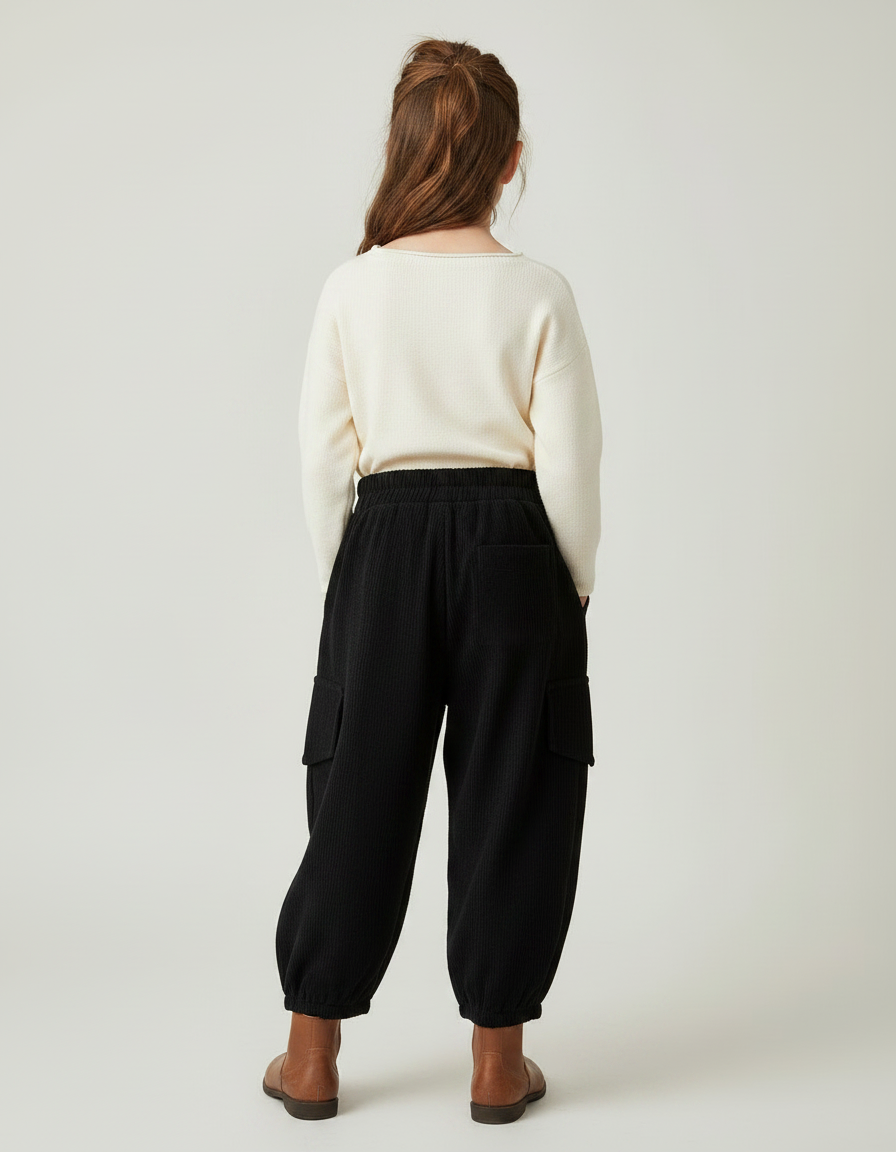 Pantalon Noir Côtelé Ample Cargo Enfant - Cordé - vue 2