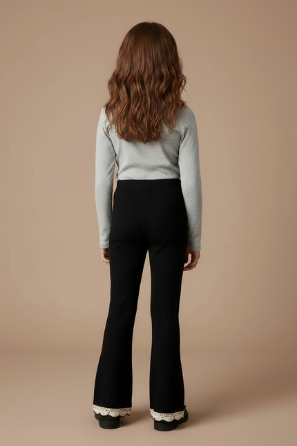 Pantalon Noir Côtelé Évasé Dentelle Crème Fille - Maille - vue 2