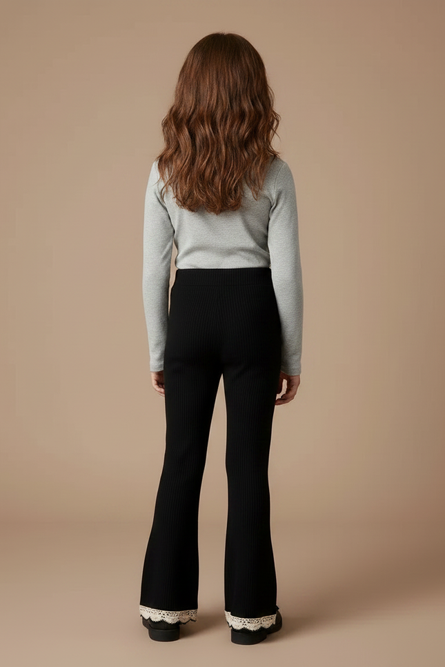 Pantalon Noir Côtelé Évasé Dentelle Crème Fille - Maille - vue 2