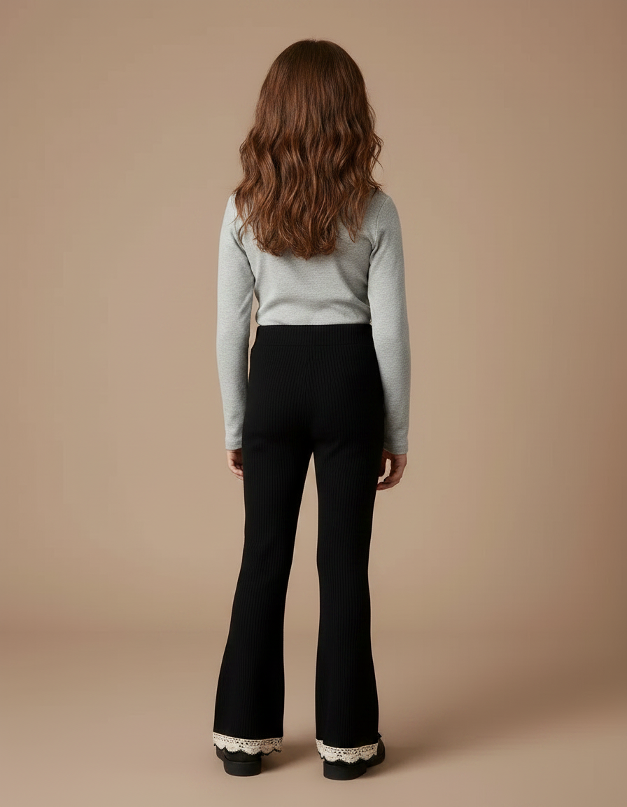 Pantalon Noir Côtelé Évasé Dentelle Crème Fille - Maille - vue 2