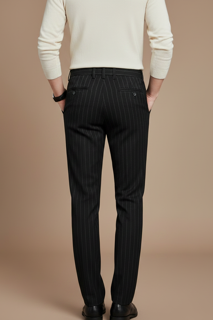 Pantalon Noir Laine Rayé Droit Élégant Homme - vue 2