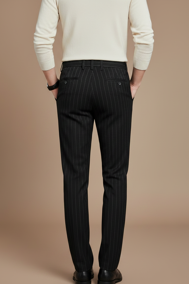 Pantalon Noir Laine Rayé Droit Élégant Homme - vue 2