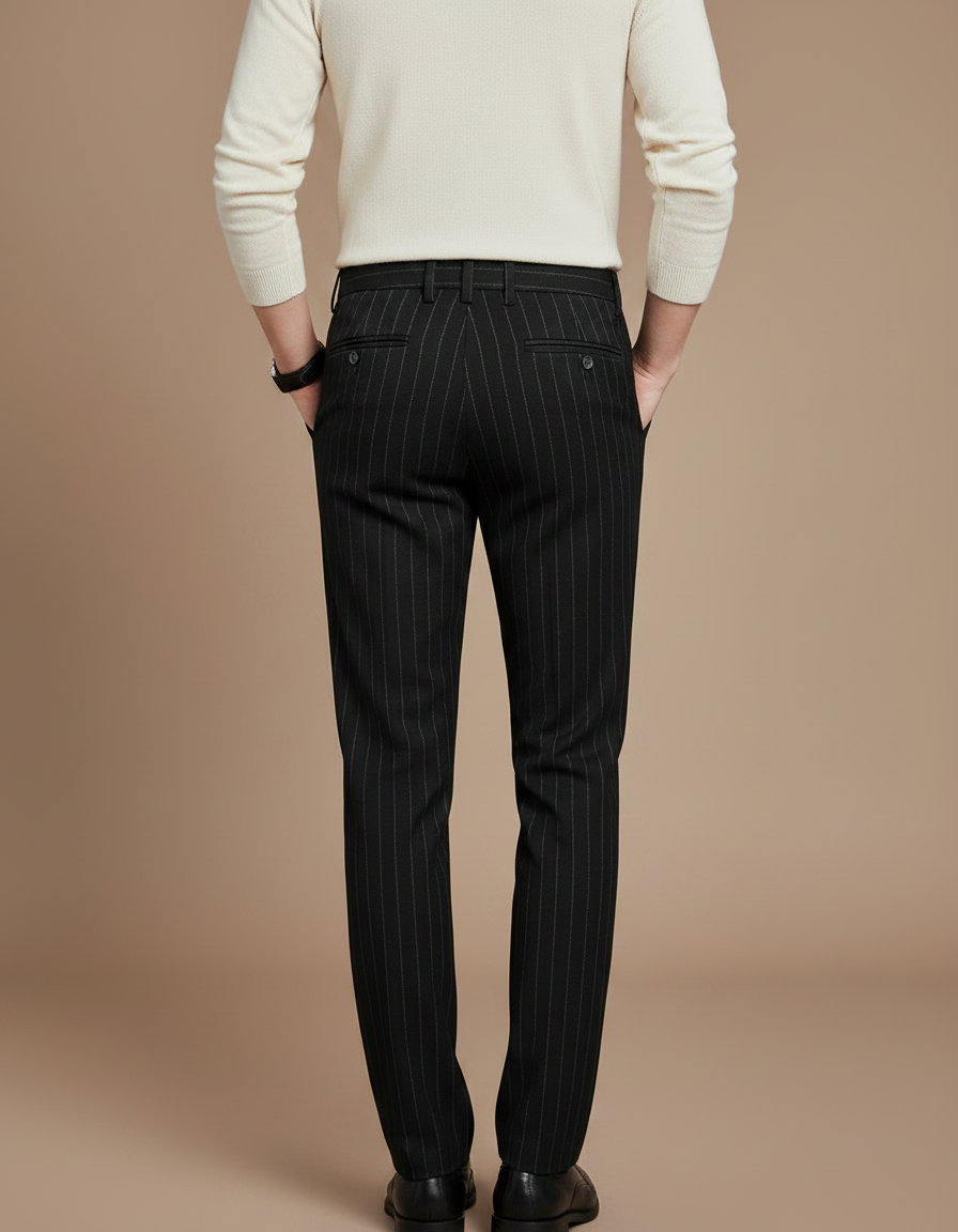 Pantalon Noir Laine Rayé Droit Élégant Homme - vue 2