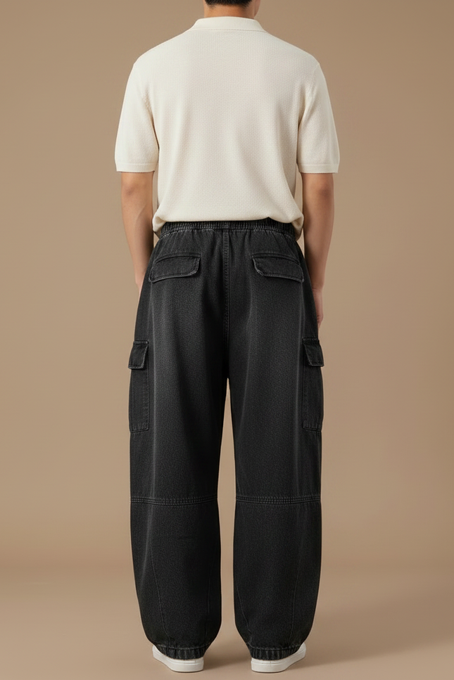 Pantalon Noir Baggy Cargo Cordon Décontracté Homme - Jean - vue 2