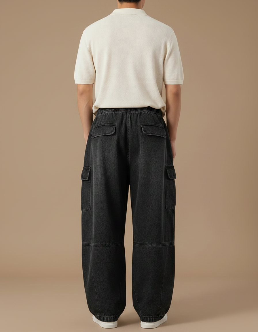 Pantalon Noir Baggy Cargo Cordon Décontracté Homme - Jean - vue 2