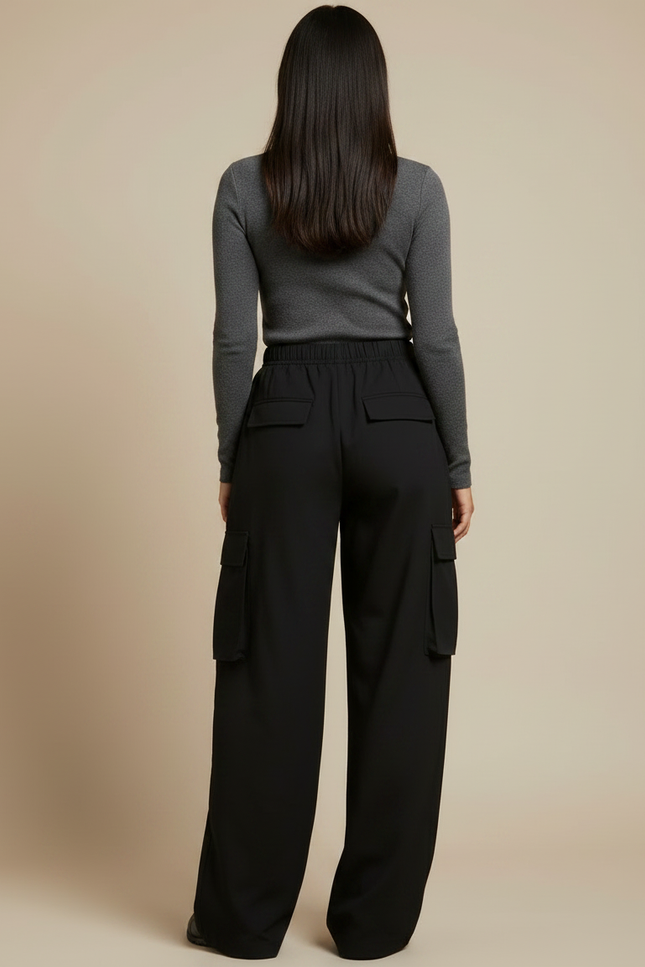 Pantalon Noir Cargo Ample Taille Haute Femme - Polyester - vue 2