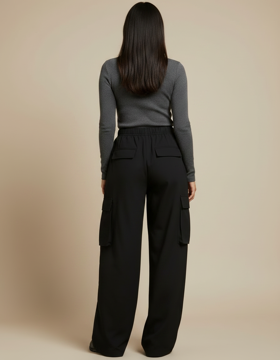 Pantalon Noir Cargo Ample Taille Haute Femme - Polyester - vue 2