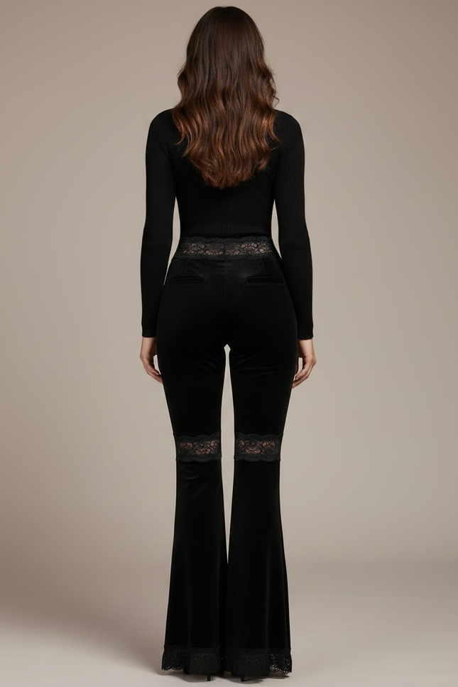 Pantalon Noir Velours Évasé Dentelle Taille Haute Sexy - vue 2