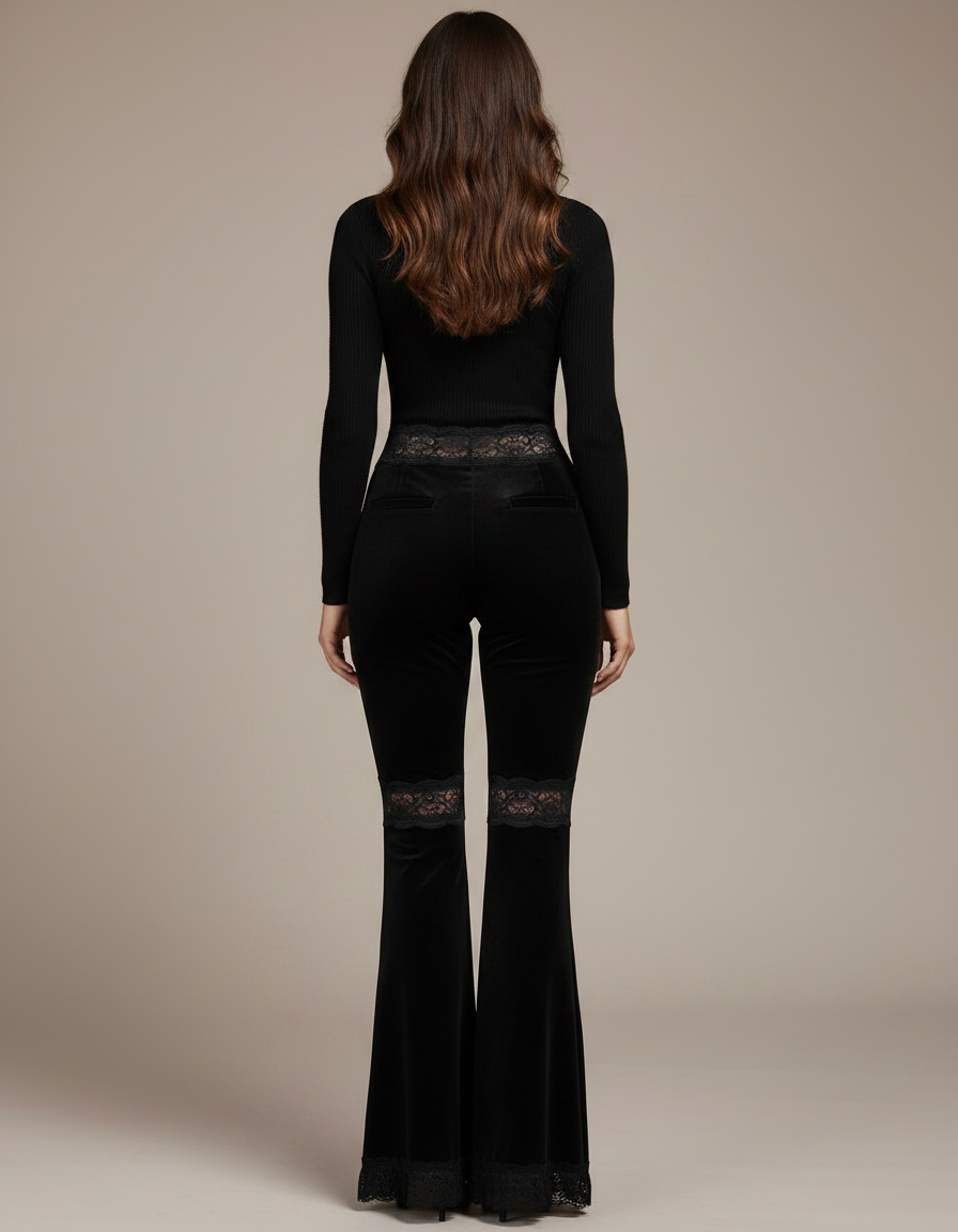 Pantalon Noir Velours Évasé Dentelle Taille Haute Sexy - vue 2