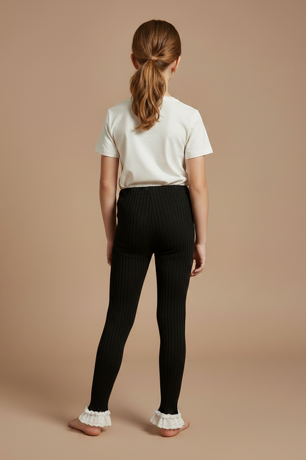 Pantalon Noir Côtelé Dentelle Volants Fille Confortable - Maille - vue 2