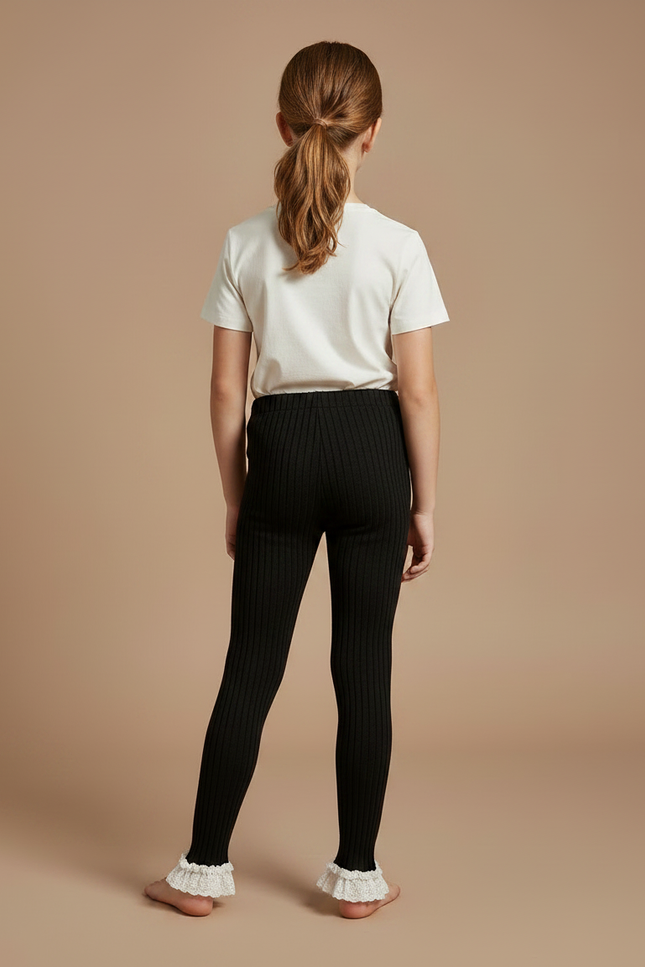 Pantalon Noir Côtelé Dentelle Volants Fille Confortable - Maille - vue 2