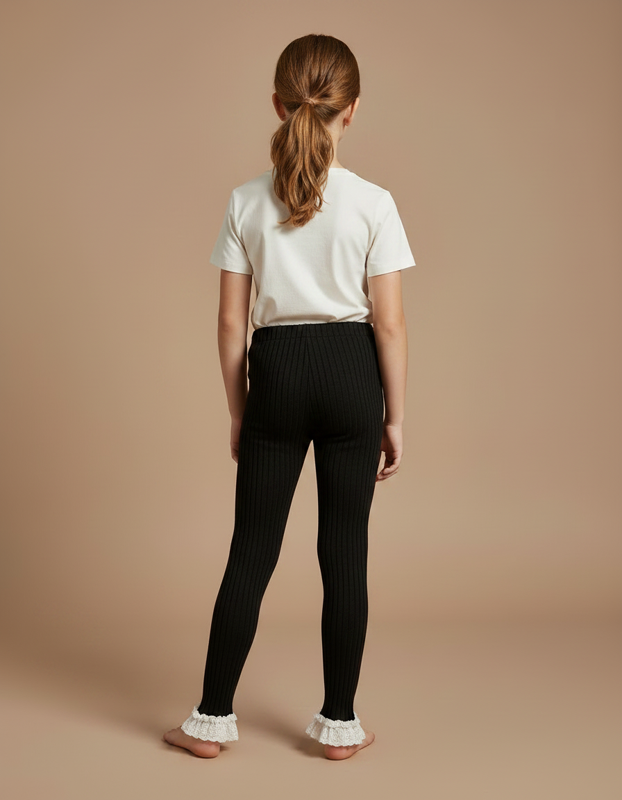 Pantalon Noir Côtelé Dentelle Volants Fille Confortable - Maille - vue 2