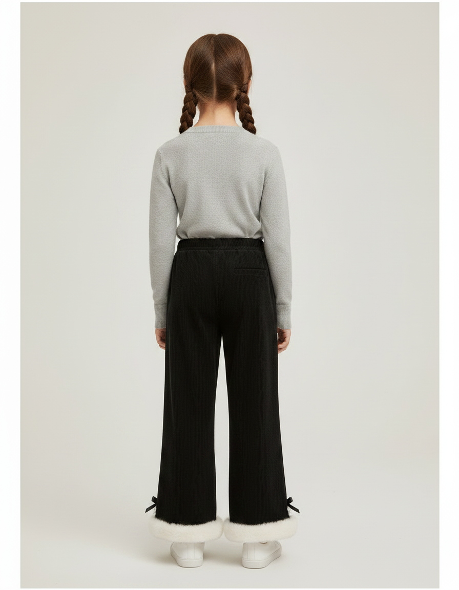 Pantalon Noir Fille Côtelé Ample Fourrure Hiver - Cordé - vue 2