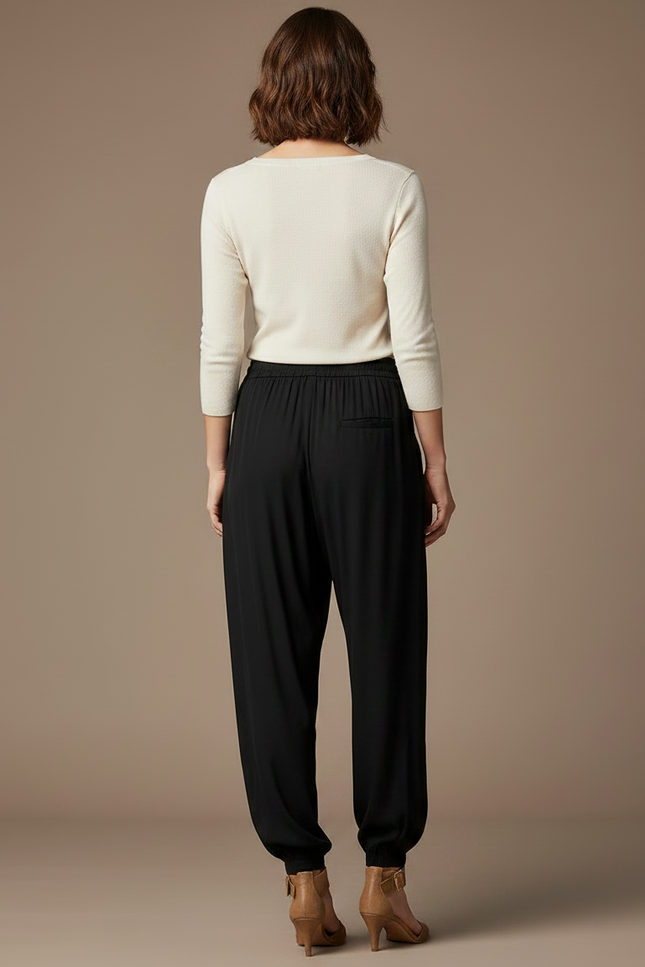 Pantalon Noir Fluide Ample Décontracté Cordon Femme - Viscose - vue 2