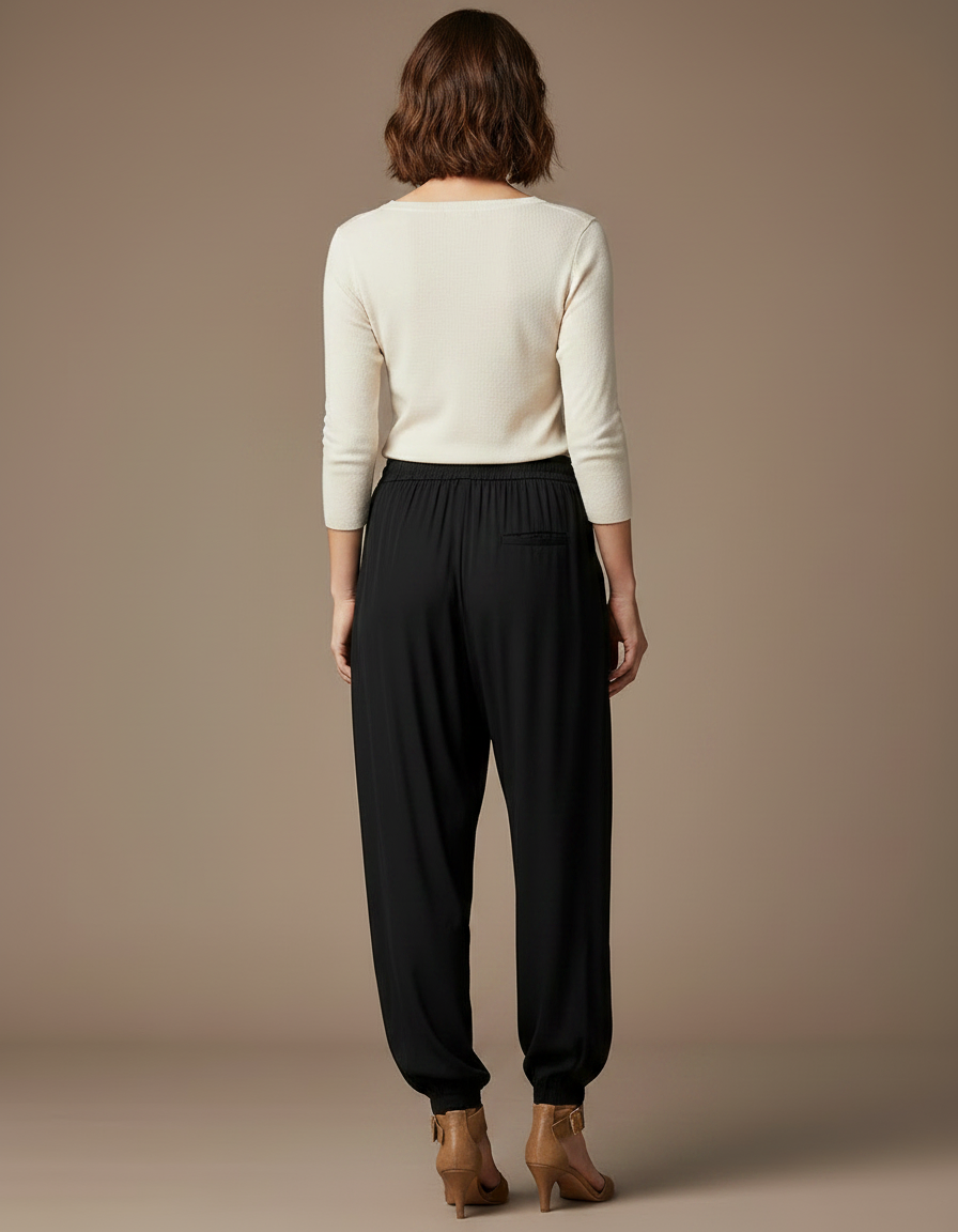 Pantalon Noir Fluide Ample Décontracté Cordon Femme - Viscose - vue 2