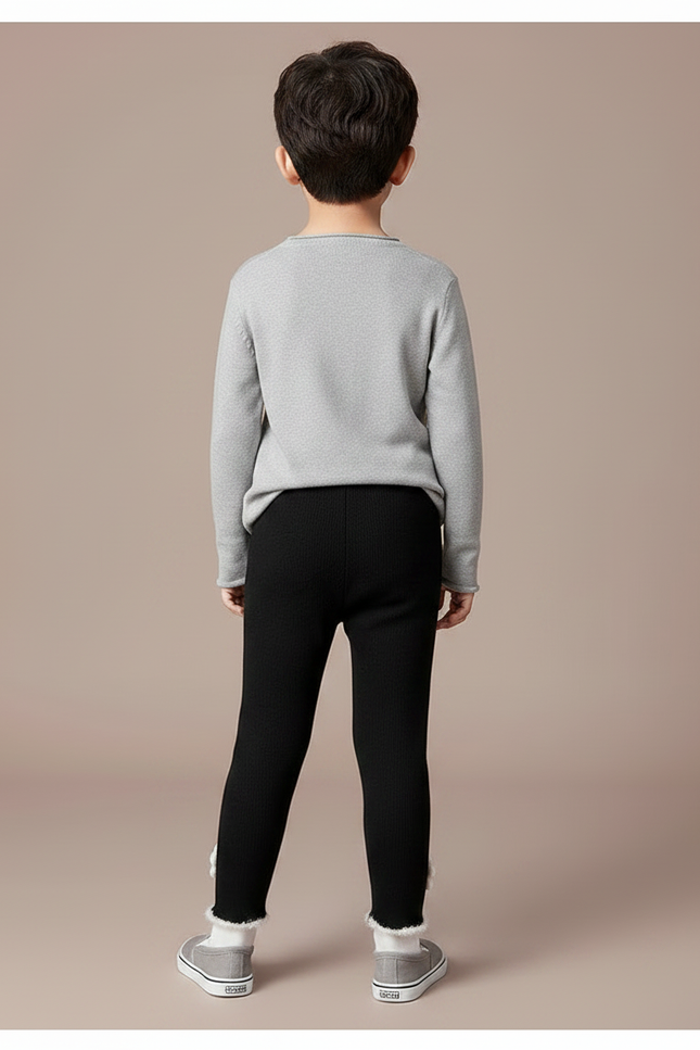 Pantalon Noir Enfant, Côtelé, Fleurs, Hiver, Chaud - Maille - vue 2