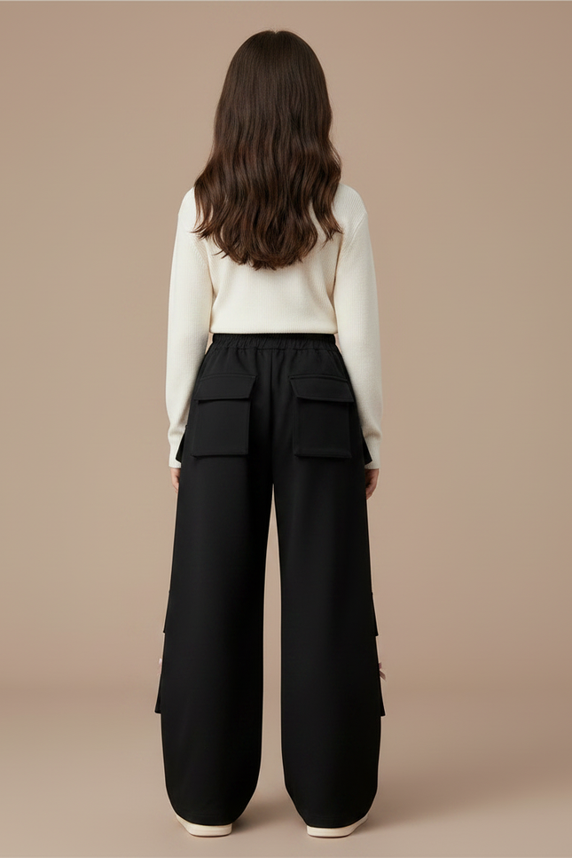 Pantalon Noir Cargo Ample Fille Cœurs Nœuds - Gabardine - vue 2