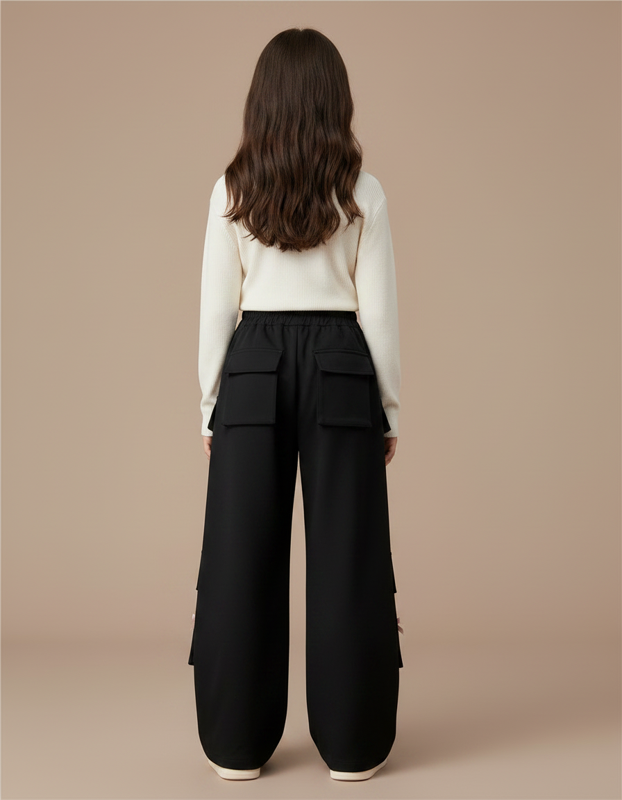 Pantalon Noir Cargo Ample Fille Cœurs Nœuds - Gabardine - vue 2