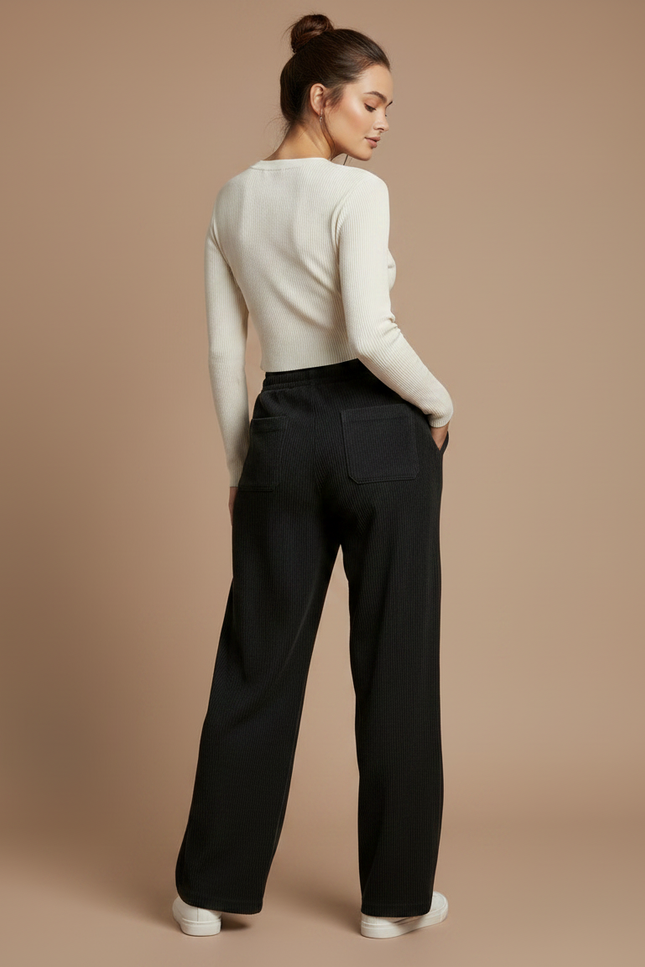 Pantalon Noir Côtelé Ample Décontracté Confortable Cordon - Cordé - vue 2