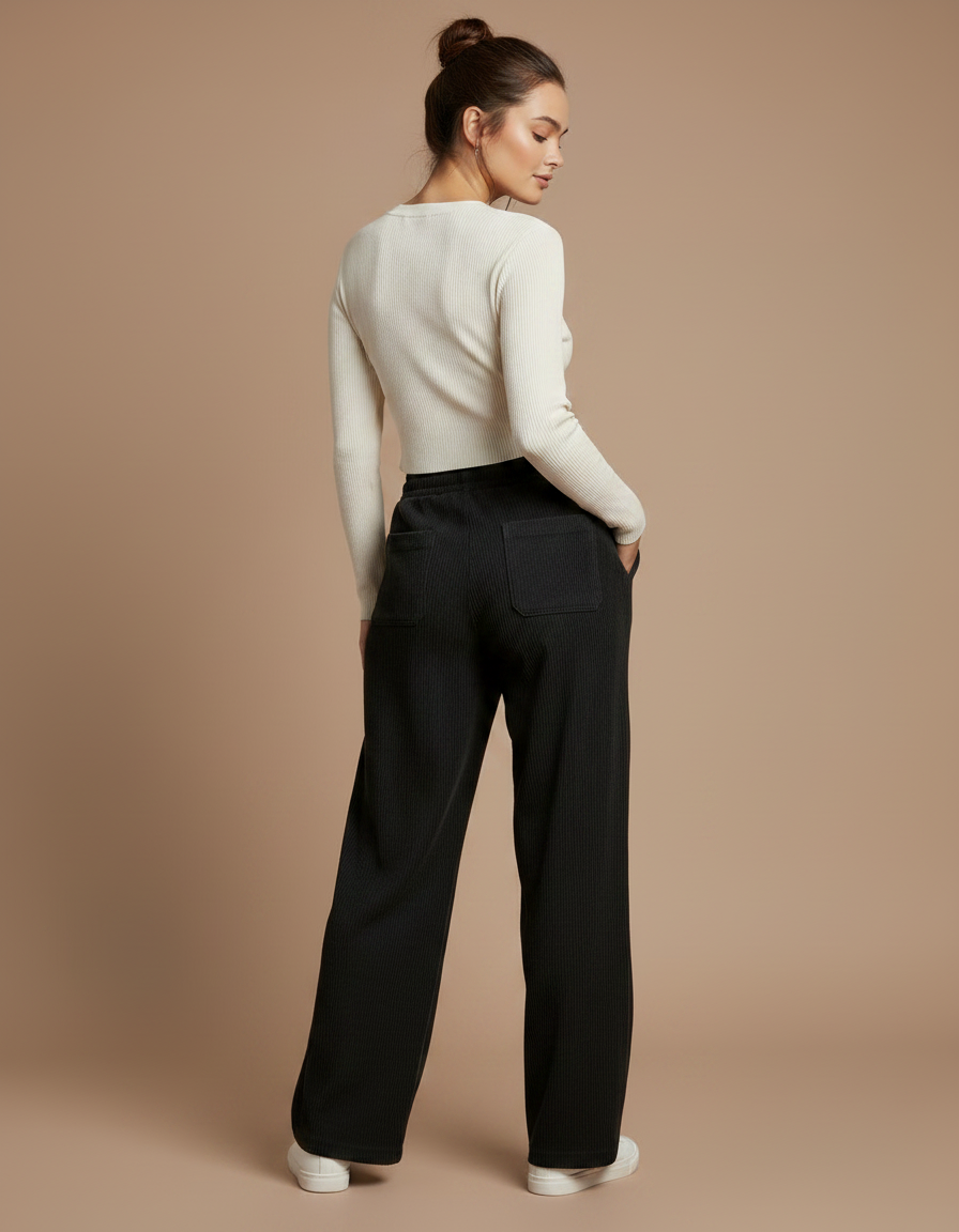 Pantalon Noir Côtelé Ample Décontracté Confortable Cordon - Cordé - vue 2