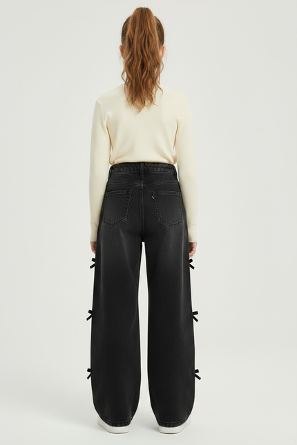 Pantalon Noir Large Denim Rubans Fille - Jean - vue 2