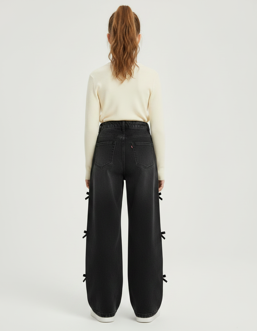 Pantalon Noir Large Denim Rubans Fille - Jean - vue 2