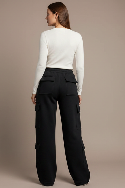 Pantalon Noir Cargo Ample Femme Poches - Molleton - vue 2