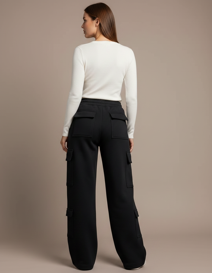 Pantalon Noir Cargo Ample Femme Poches - Molleton - vue 2