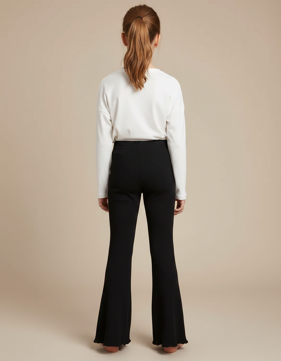 Pantalon Noir Côtelé Évasé Brodé Confortable Fille - Cordé - vue 2