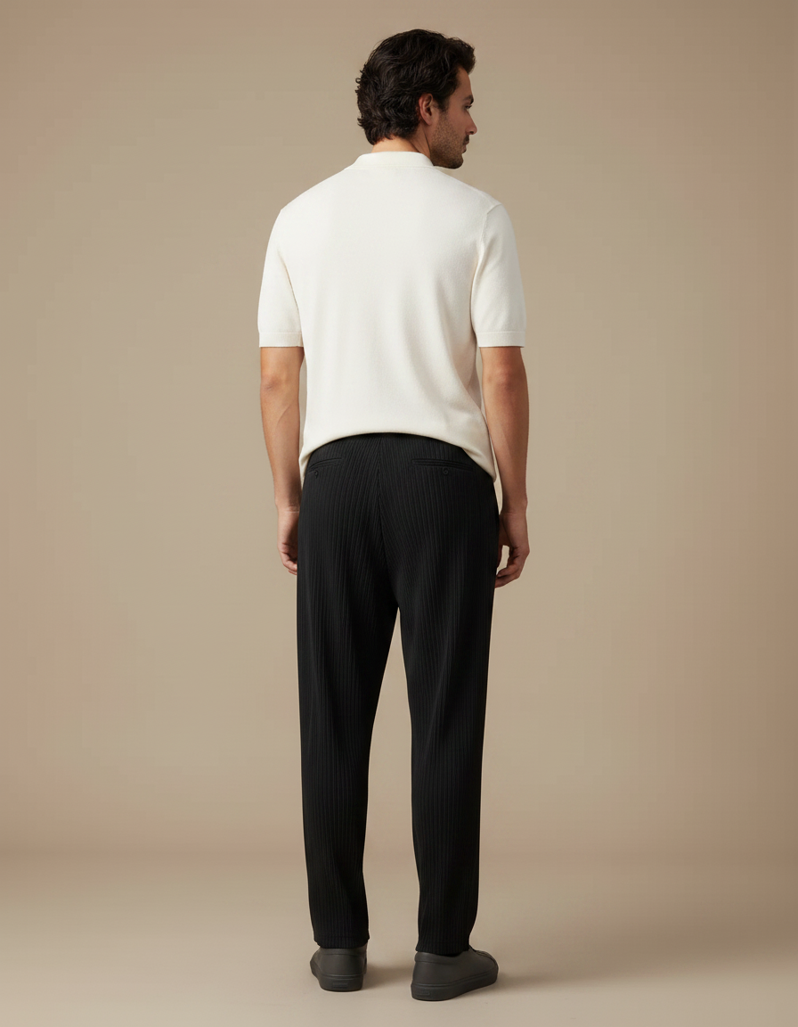 Pantalon Noir Plissé Ample Décontracté Cordon Homme - Cordé - vue 2