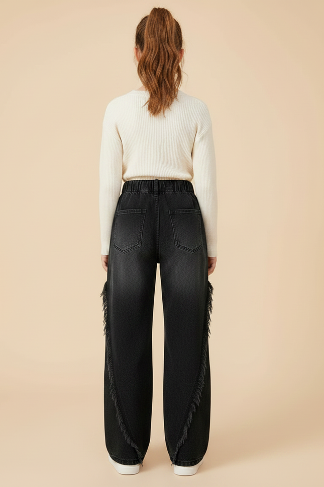 Pantalon Noir Fille Franges Larges Décontracté Denim - Jean - vue 2