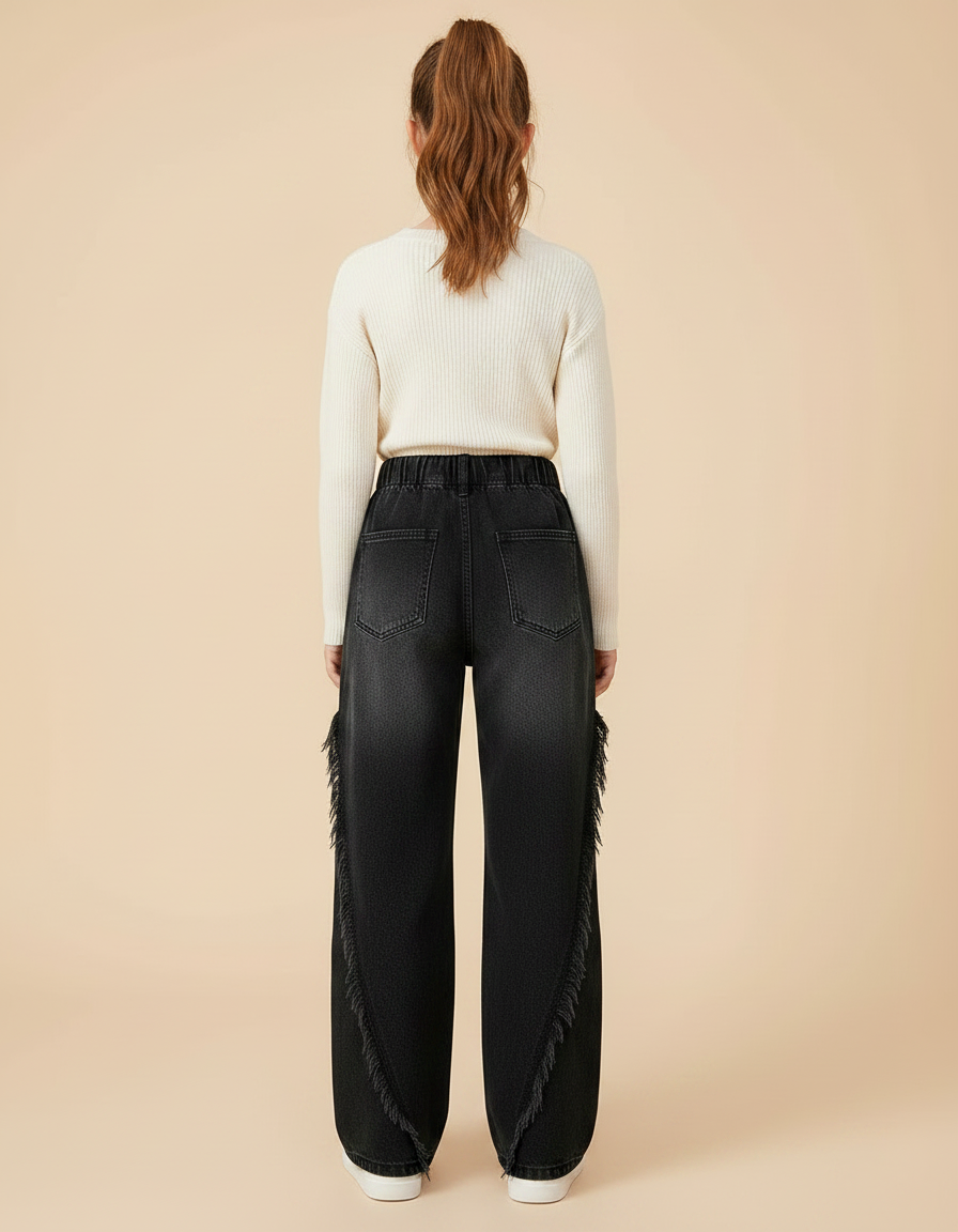 Pantalon Noir Fille Franges Larges Décontracté Denim - Jean - vue 2