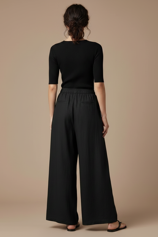 Pantalon Noir Lin Ample Cordon Fluide Femme - vue 2
