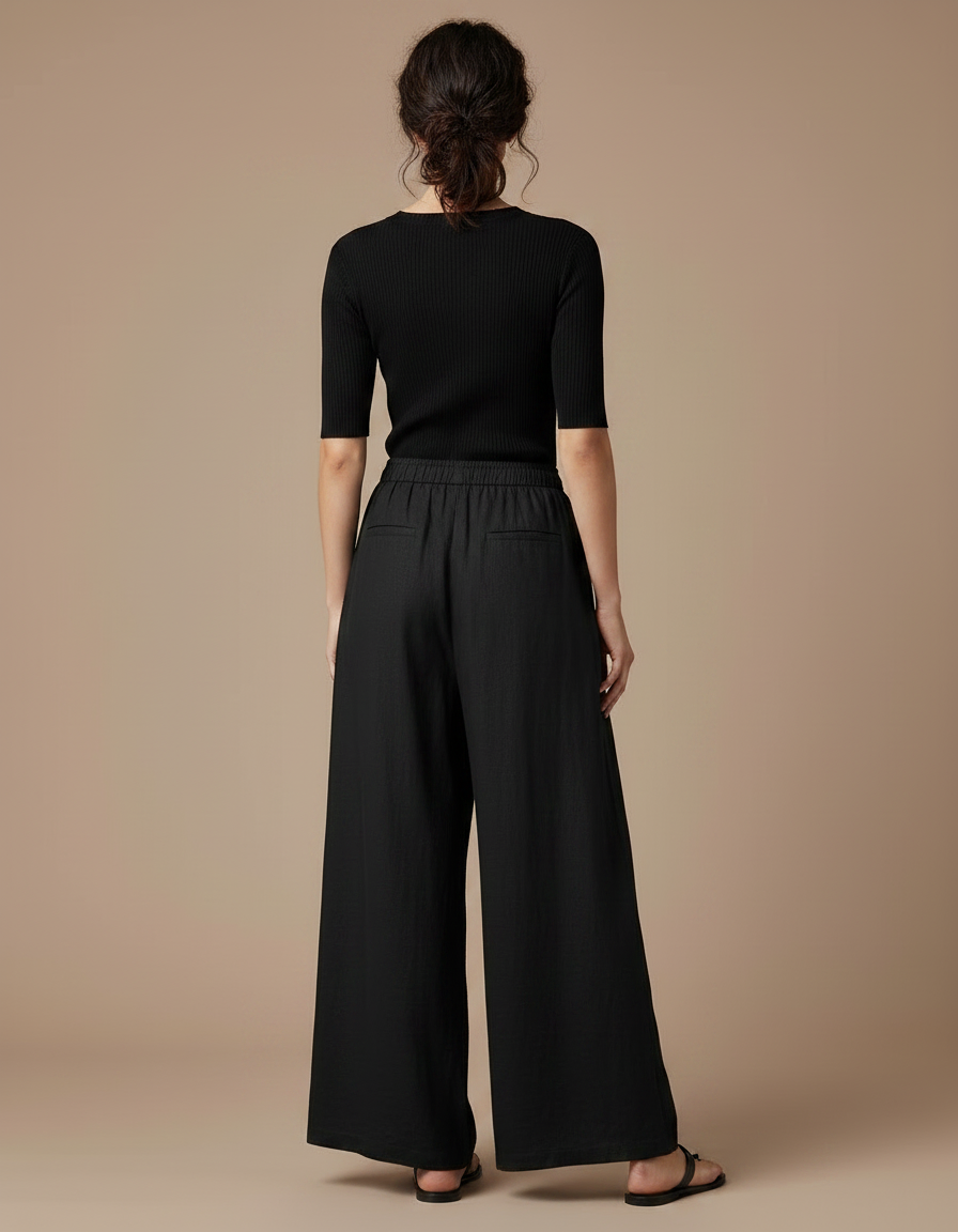 Pantalon Noir Lin Ample Cordon Fluide Femme - vue 2