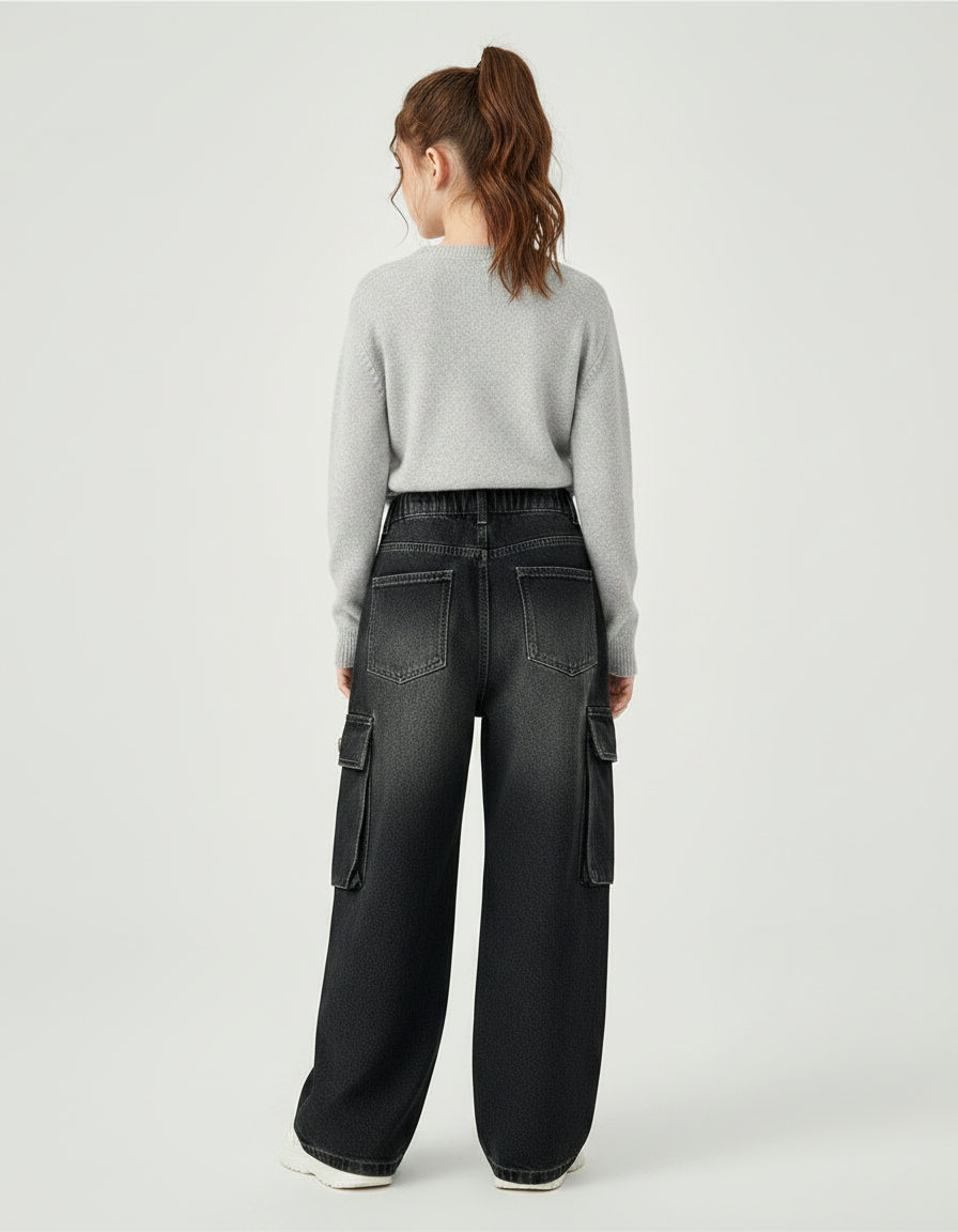 Pantalon Noir Ample Cargo Fille Décontracté Adolescent - Jean - vue 2