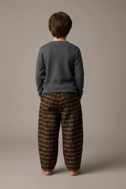 Pantalon Noir Plaid Ample Épais Chaud Enfant - Marron Tweed - vue 2