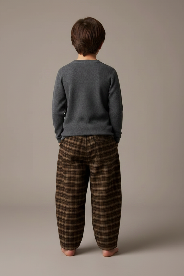 Pantalon Noir Plaid Ample Épais Chaud Enfant - Marron Tweed - vue 2
