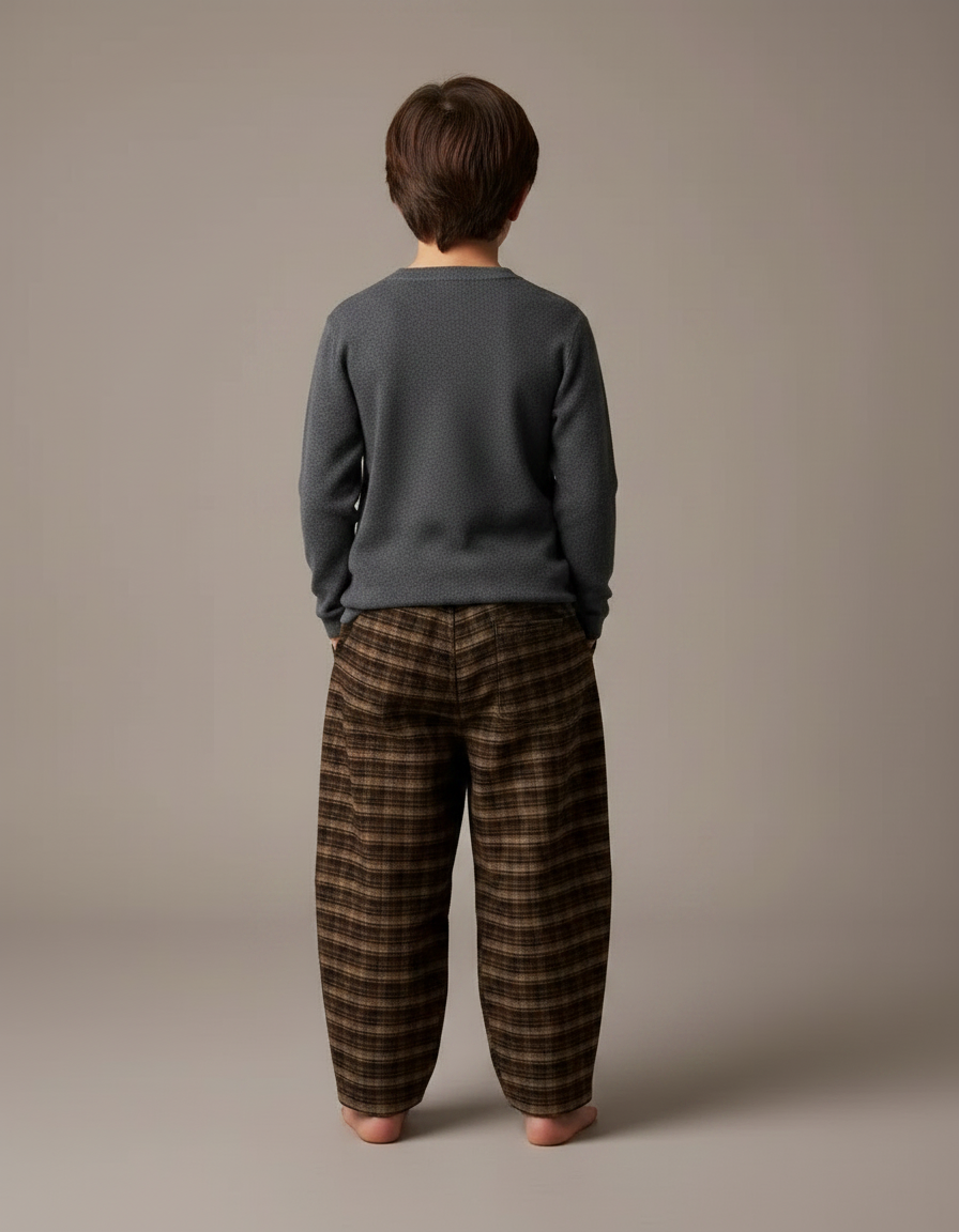 Pantalon Noir Plaid Ample Épais Chaud Enfant - Marron Tweed - vue 2