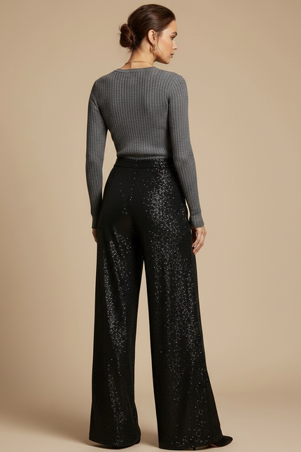 Pantalon Noir Paillettes Large Évasé Femme Élégant - Polyester - vue 2