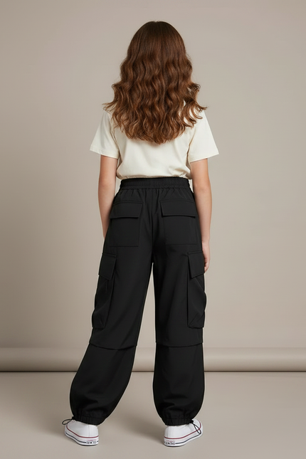 Pantalon Noir Cargo Ample Décontracté Enfant Fille - Polyester - vue 2