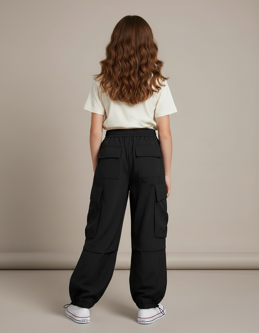 Pantalon Noir Cargo Ample Décontracté Enfant Fille - Polyester - vue 2
