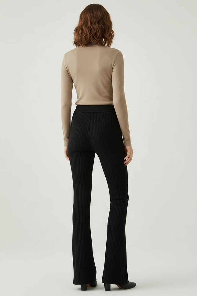 Pantalon Noir Côtelé Évasé Taille Haute Fluide - Maille - vue 2