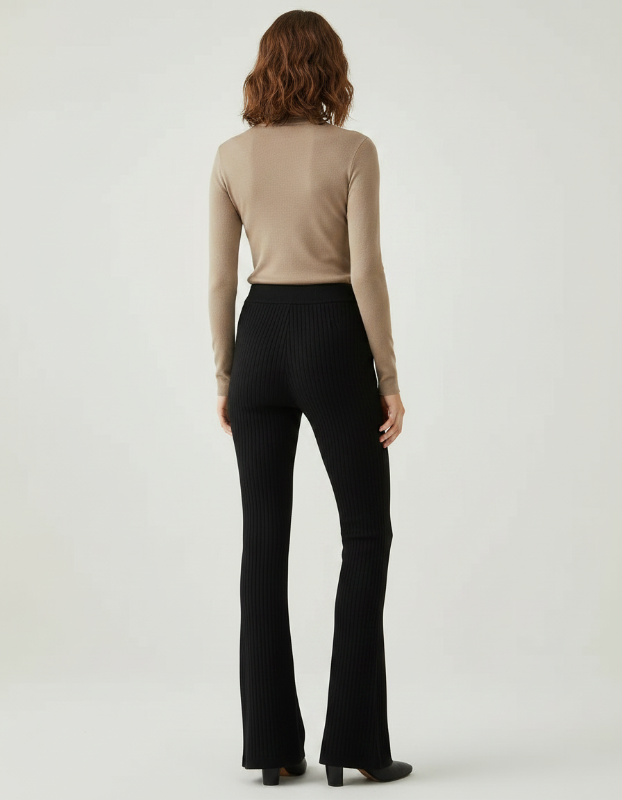Pantalon Noir Côtelé Évasé Taille Haute Fluide - Maille - vue 2